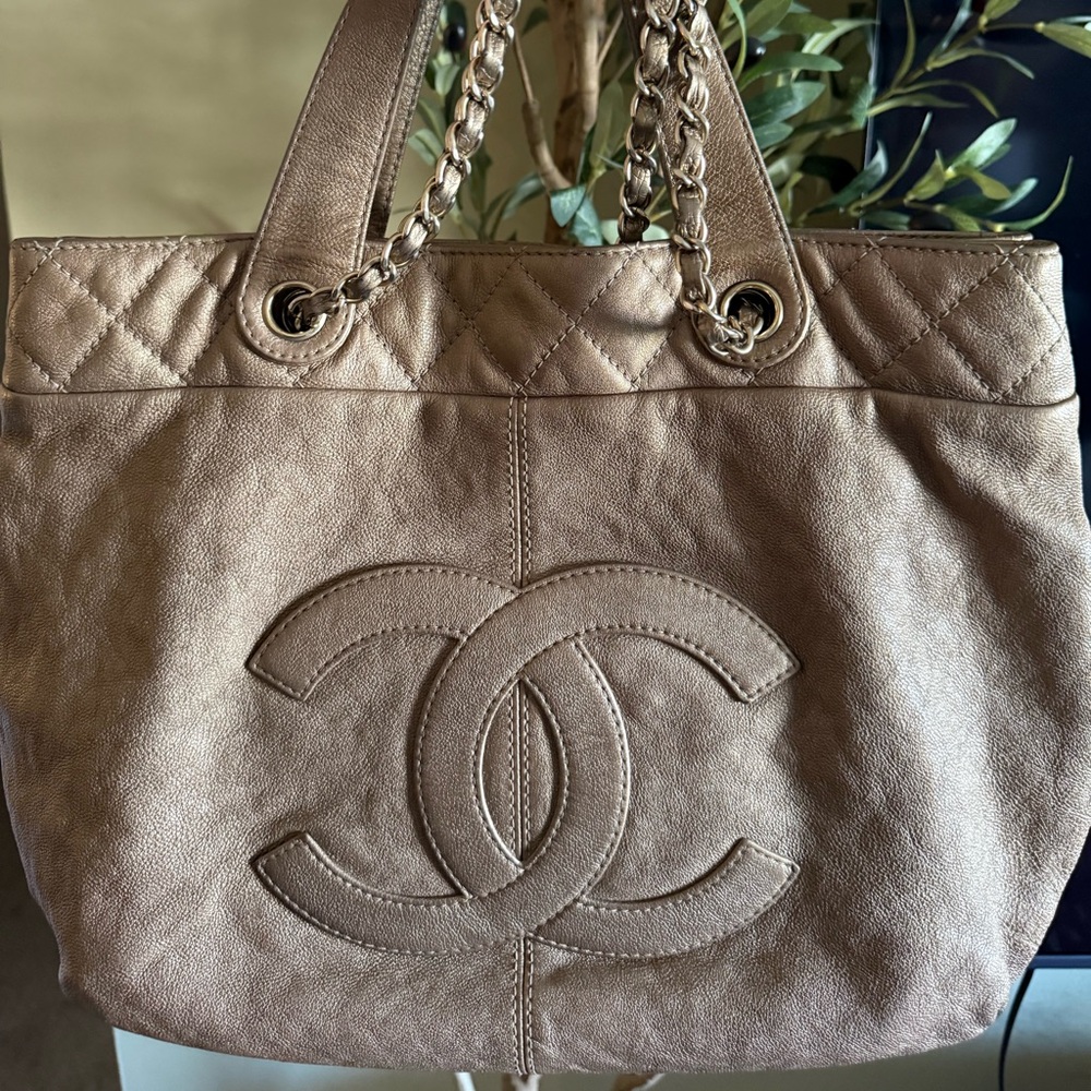 CHANEL Metallic Tan Leather Shoulder Bag